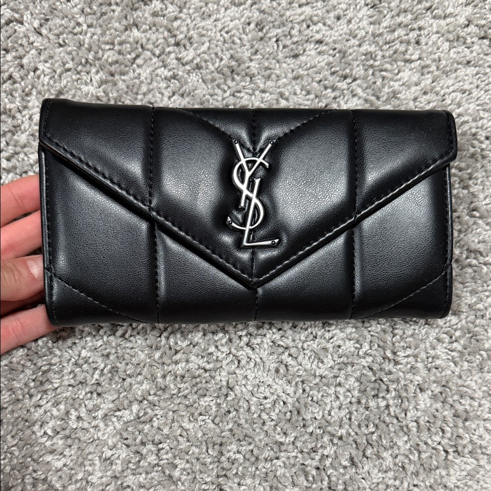 Yves Saint Laurent Black Quilted Leather Continental Wallet with Silver YSL Logo